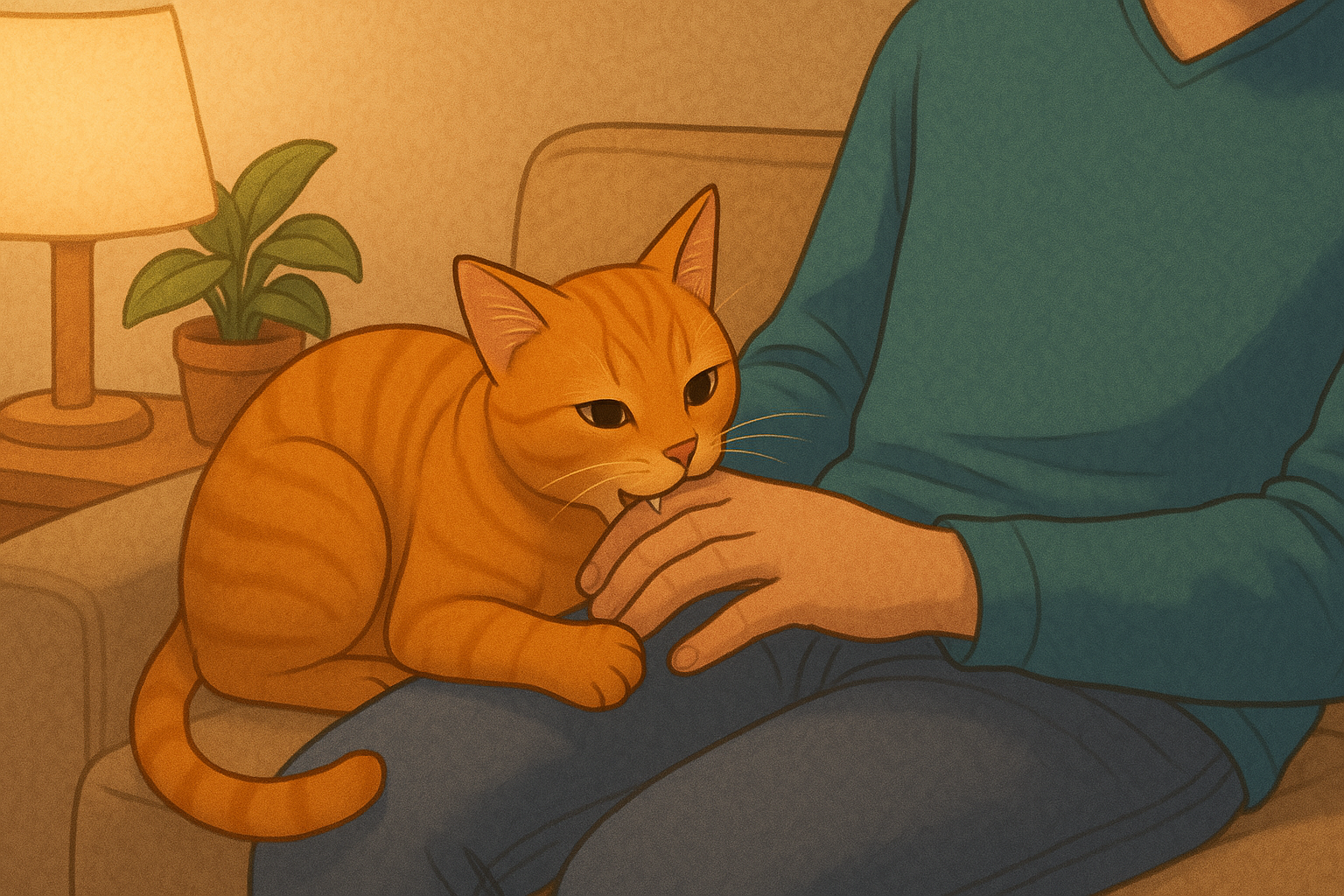 An orange tabby cat gently nibbles its owner's hand while resting on a beige sofa, surrounded by warm lighting and cozy decor.