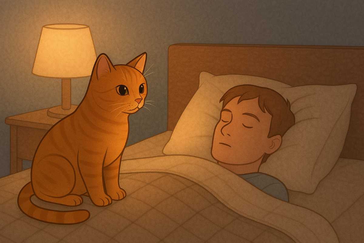 An orange tabby cat sits at the edge of a bed, watching its human sleep peacefully in a softly lit bedroom.